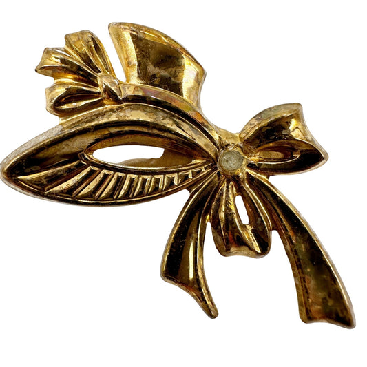 vintage gold tone metal bow BROOCH jewelry pin