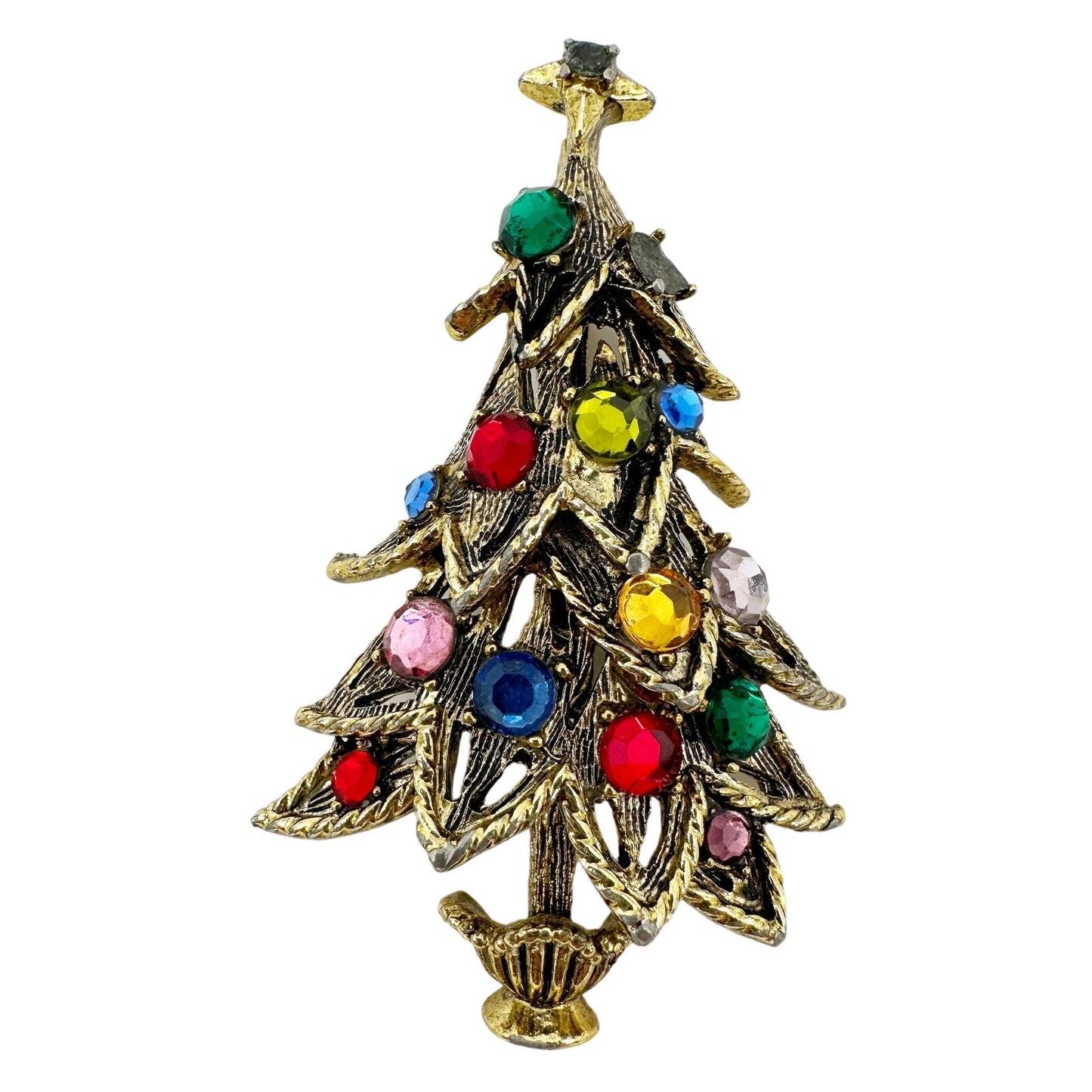 vintage Hollycraft gold & rhinestones Christmas Tree BROOCH holidays jewelry pin