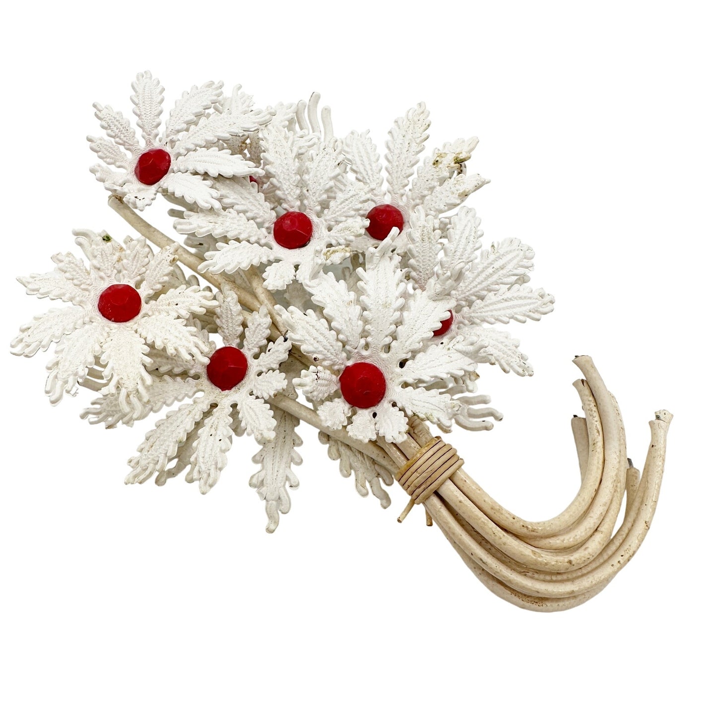 vintage white flowers plastic bouquet BROOCH floral jewelry pin red centers