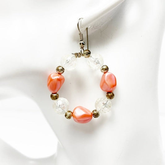 handmade coral silver crystal loop beaded EARRINGS jewelry NEW vintage beads