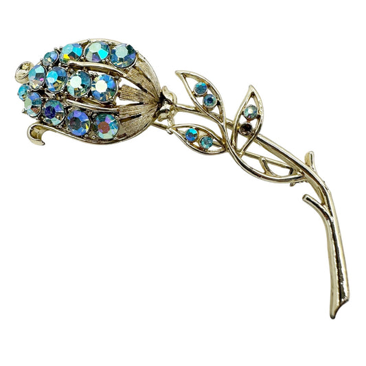 vintage CORO blue Aurora Borealis Crystals BROOCH silver floral jewelry pin