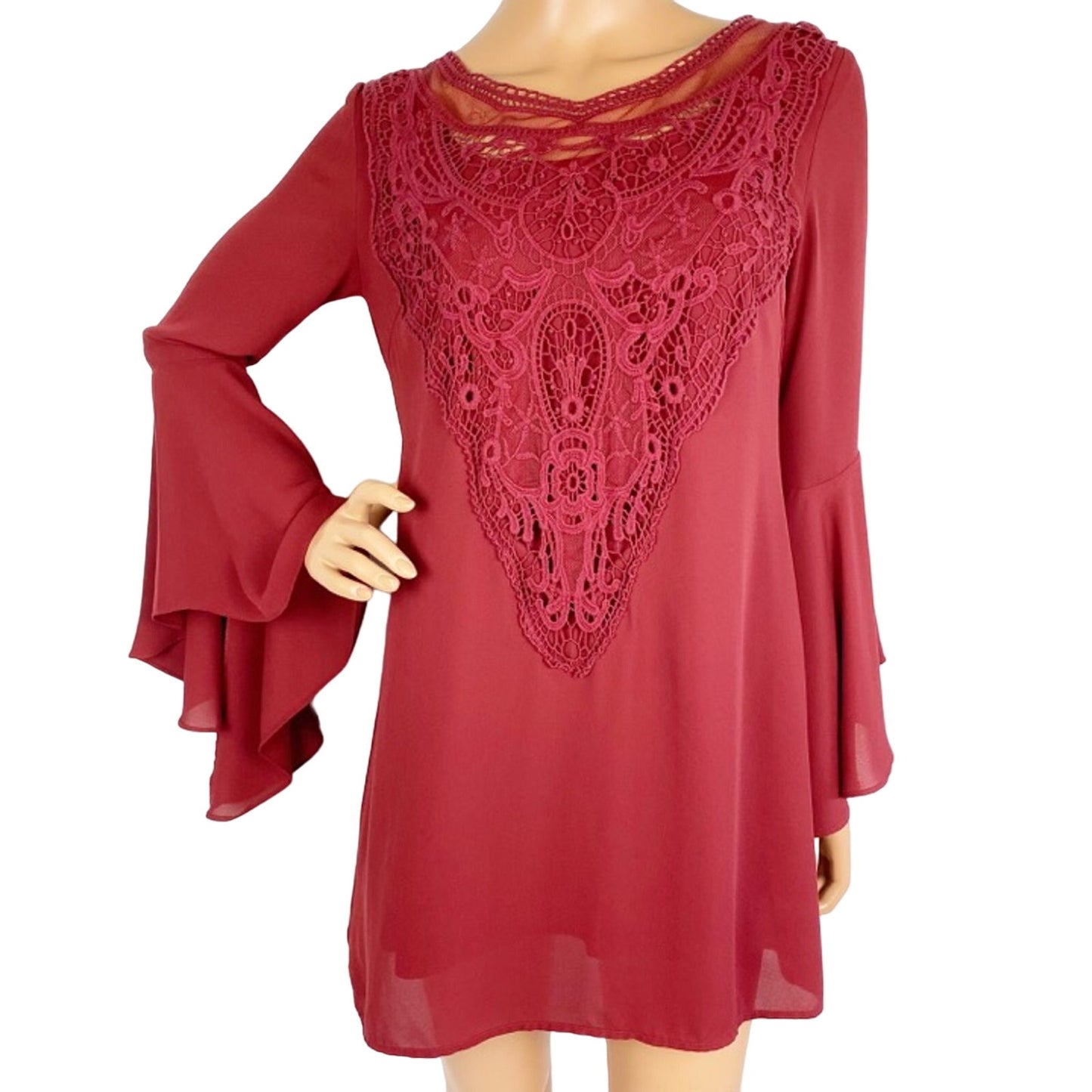 Collective Concepts Bell Sleeves Crochet Lace Front Boho Shift DRESS size SMALL