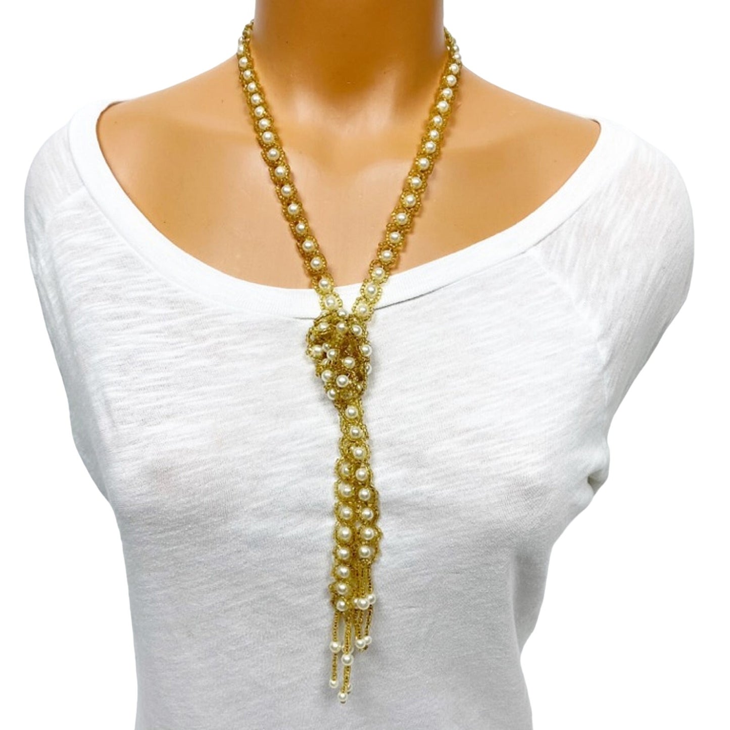 vintage faux pearl & golden beads 43"  tassel NECKLACE costume jewelry