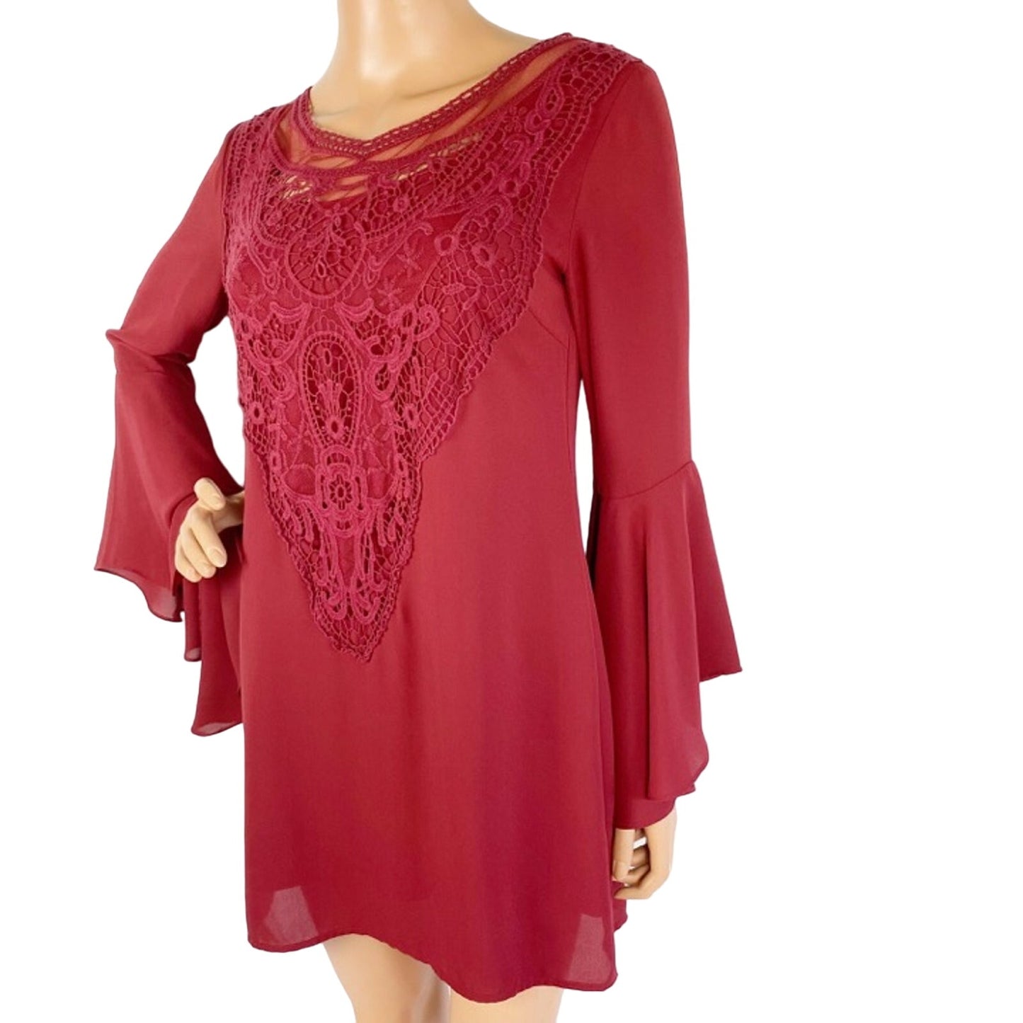 Collective Concepts Bell Sleeves Crochet Lace Front Boho Shift DRESS size SMALL