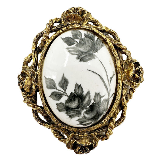 vintage black floral roses BROOCH gold white pendant jewelry pin