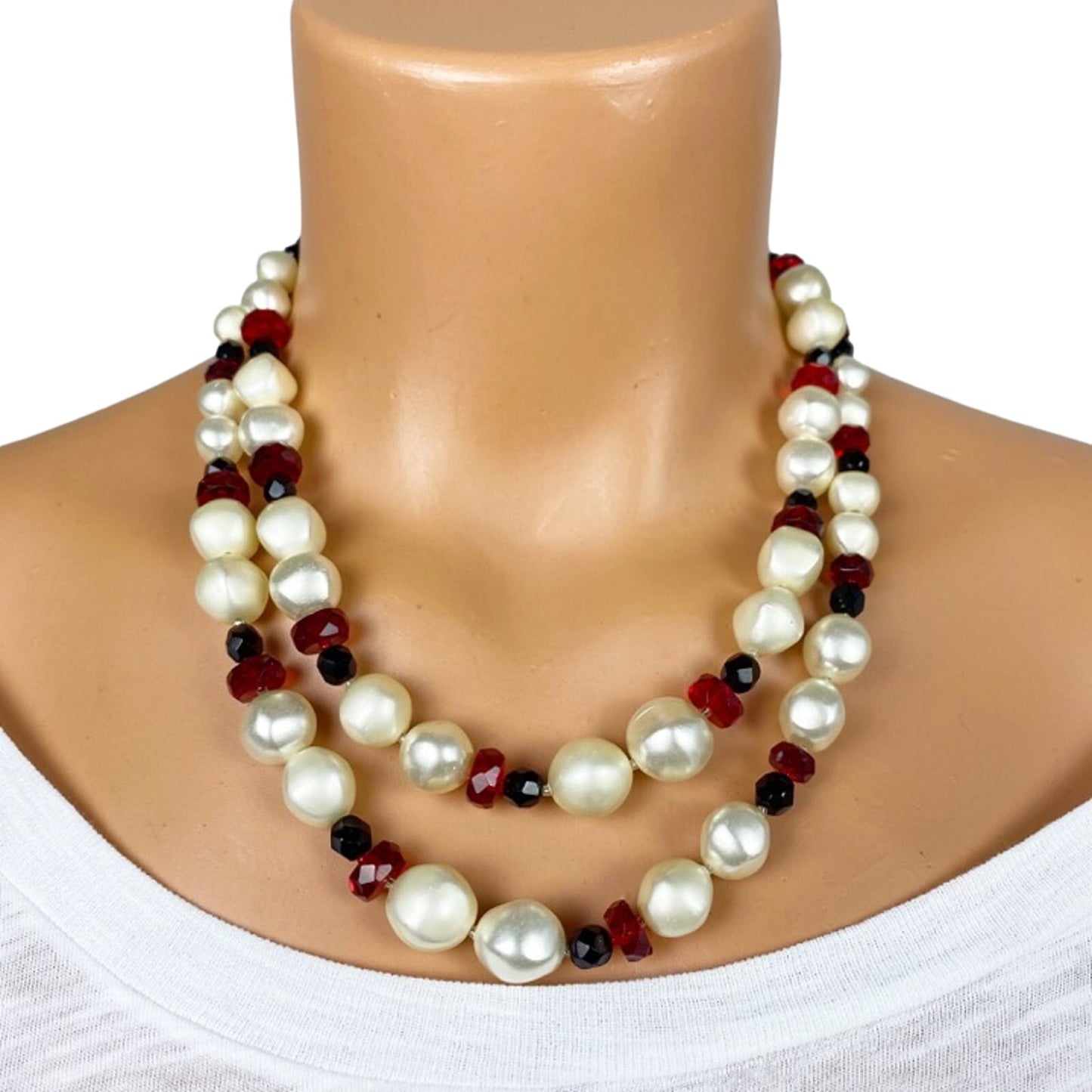 vintage red pearlescent white beaded 18" double strand NECKLACE costume jewelry