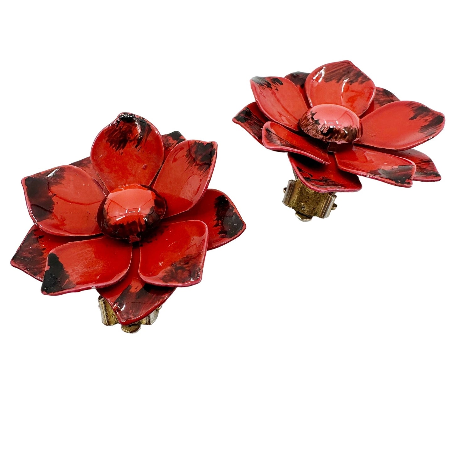 vintage enamel orange red metal flower BROOCH and clip EARRINGS set